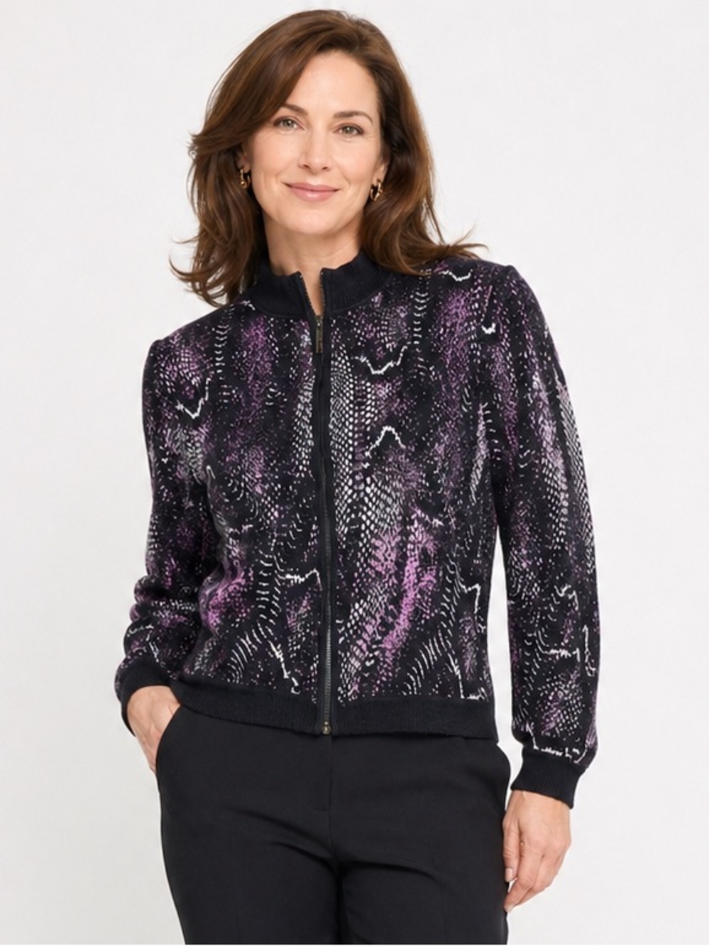 St. John Santana knit zip up snake print cardigan sweater size large old money